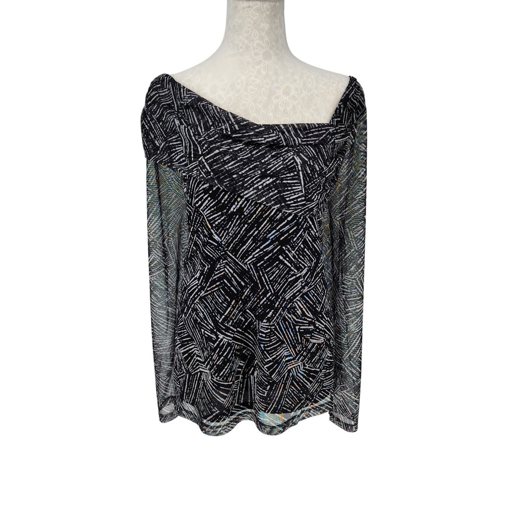 Ella Rafaella Women 2X Black White Abstract Mesh Cowl Neck Long Sleeve Top NEW